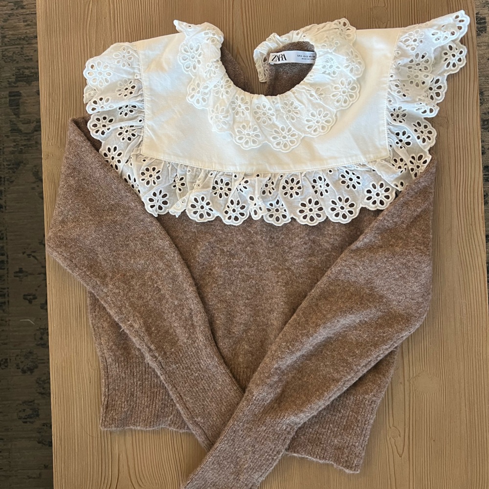 Brown Knit Sweater White Lace Trim